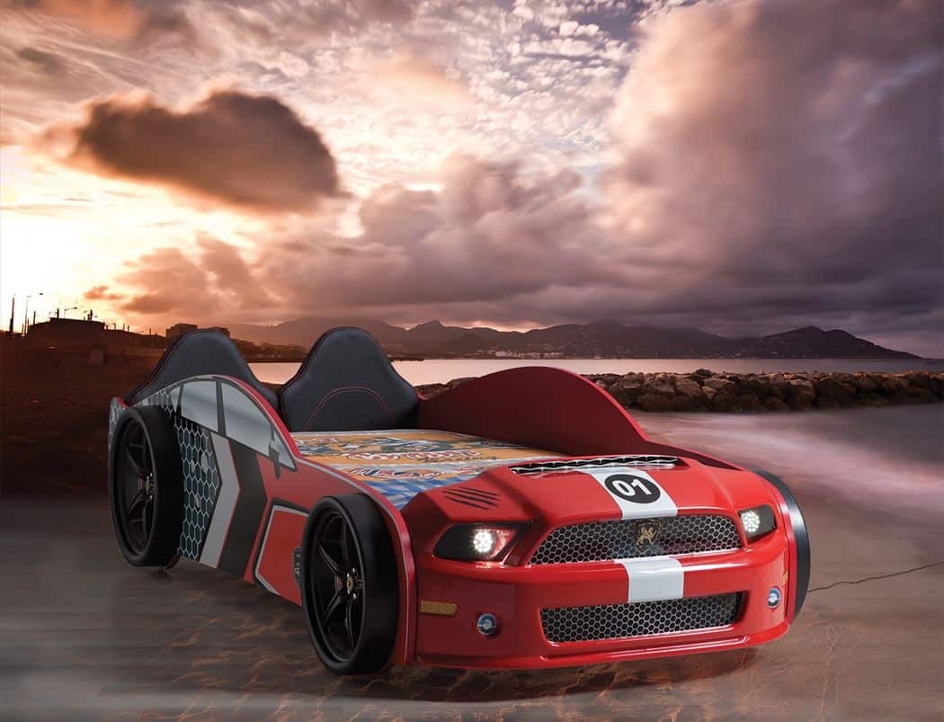 LIT VOITURE DE COURSE MUSTANG ROAD 66 ROUGE OU BLANC 90X190CM - Muscle