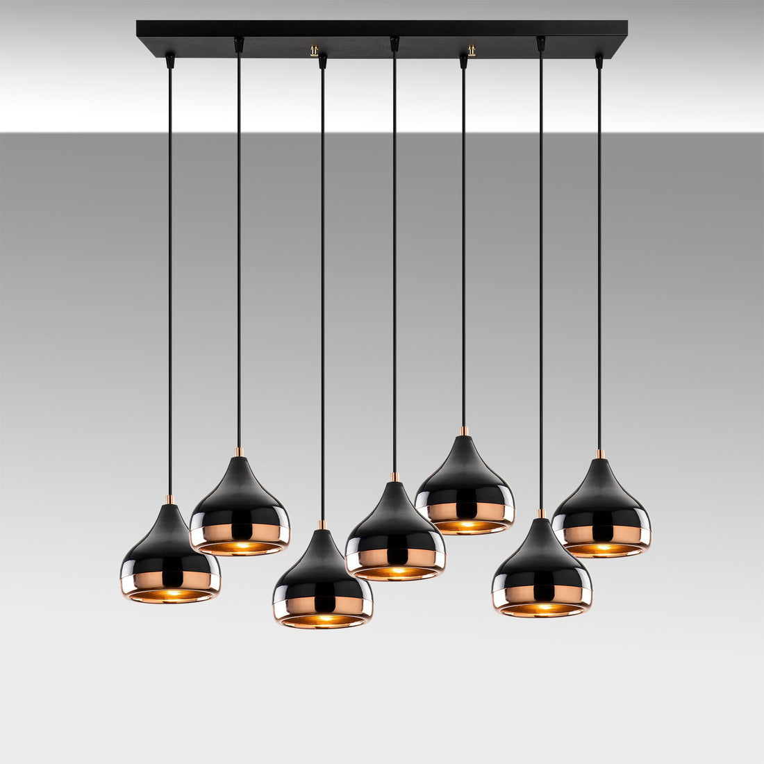 Suspension 7 lampes alignées Lectio 88cm Métal Noir et Or rose