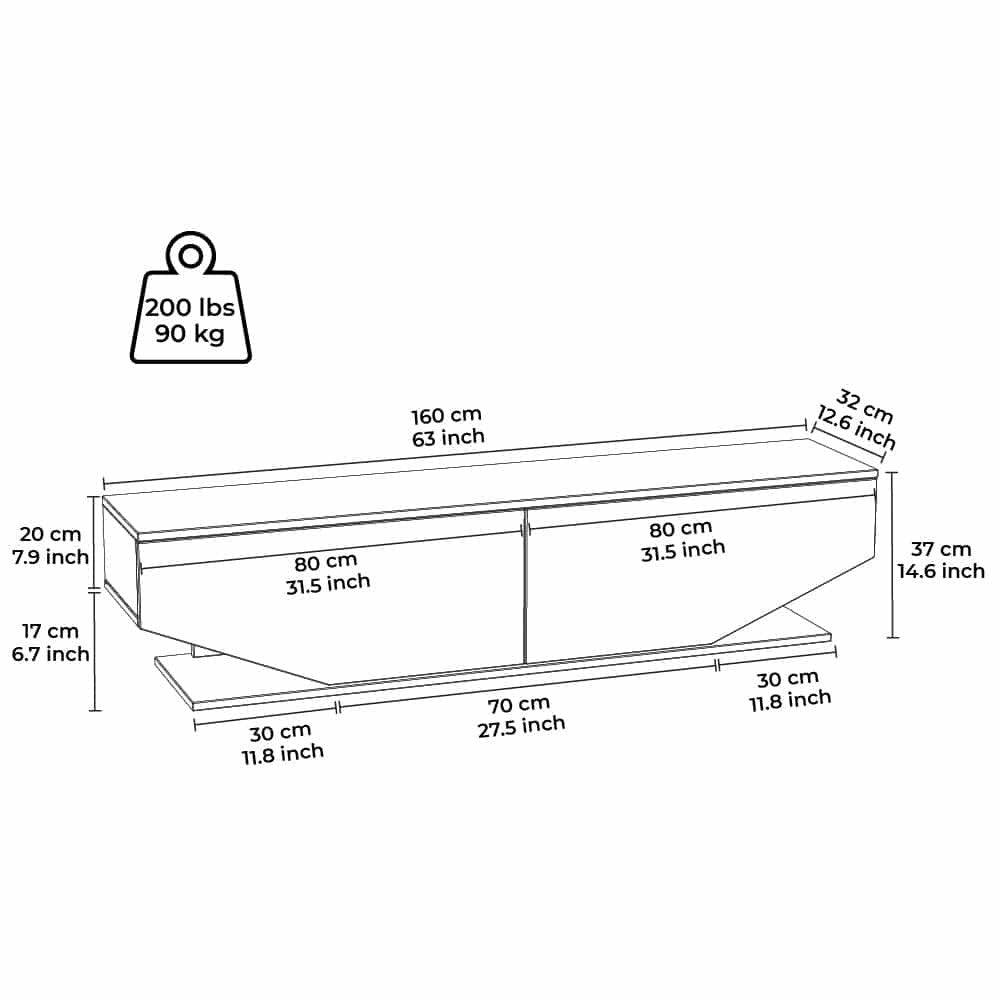 Meuble TV façade trapèze 2 portes Ares 160cm Bois Blanc