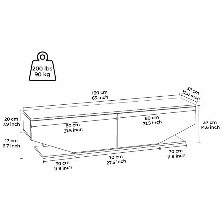 Meuble TV façade trapèze 2 portes Ares 160cm Bois Blanc