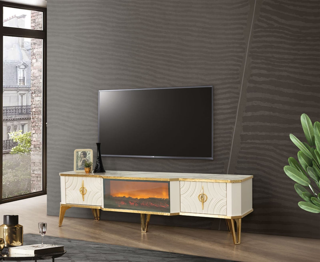 Viyana Meuble TV Avec Cheminée Écru Dorée