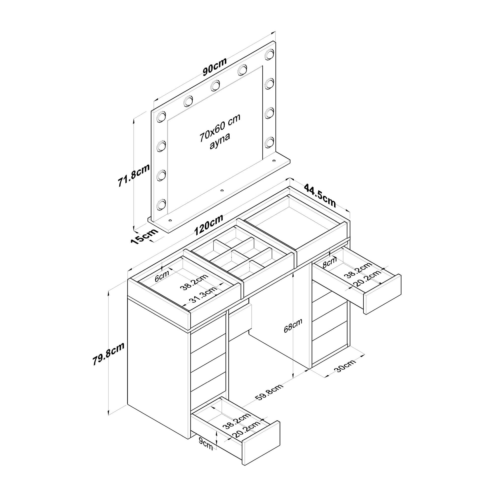 Coiffeuse moderne avec miroir LED et dessus Transparent Beline L120cm Blanc