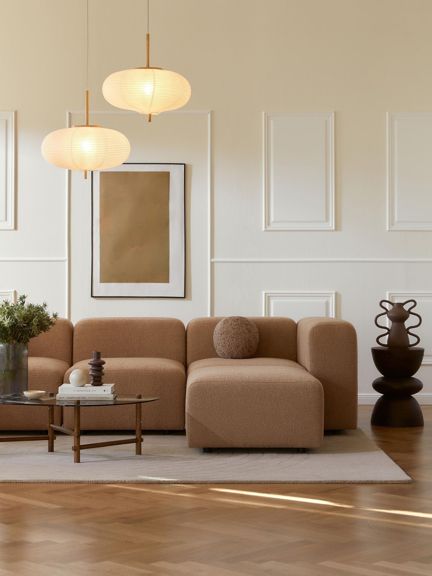 Canapé modulable 4 places en tissu bouclé avec pouf Pietro