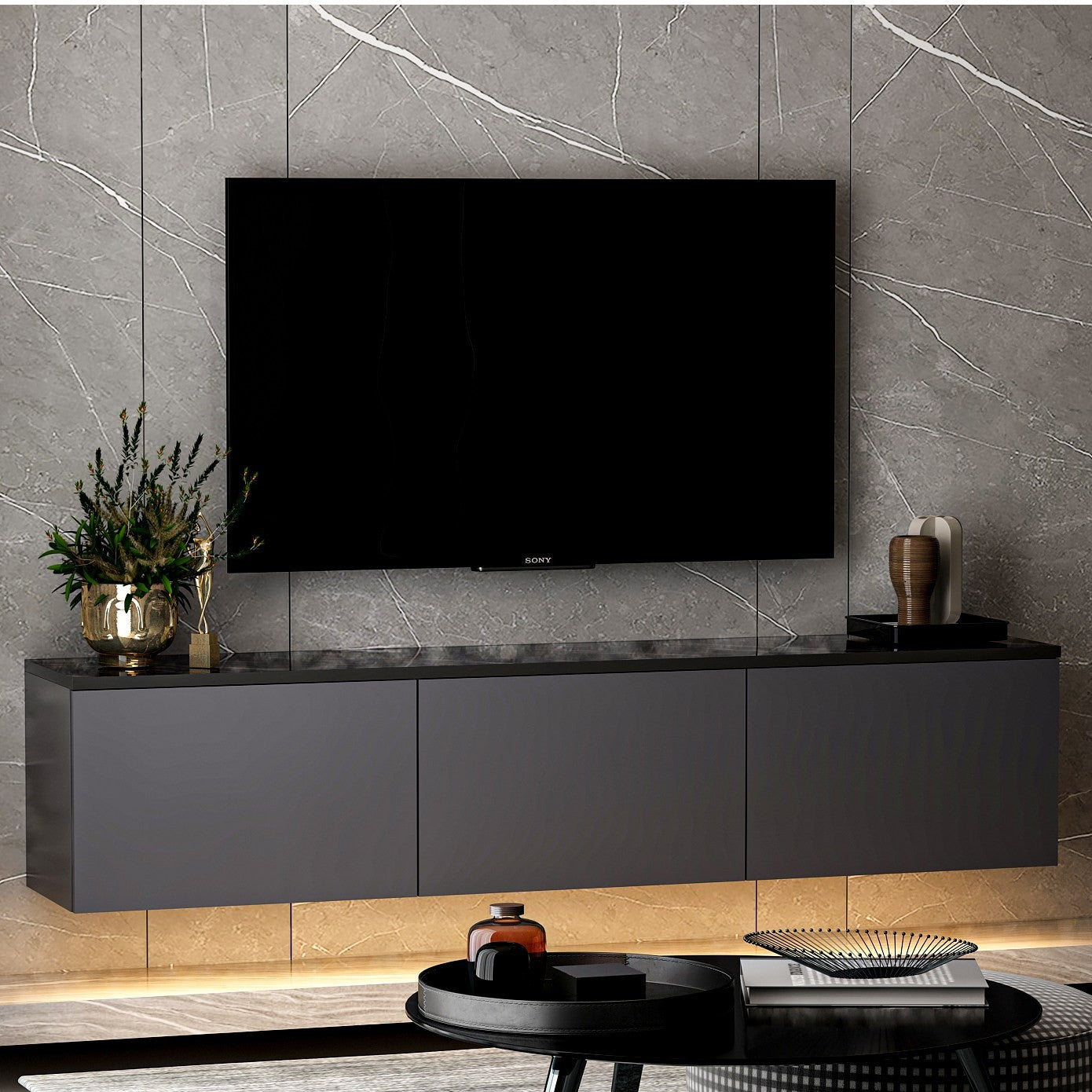 Meuble TV suspendu Ruxta L160cm Anthracite et Noir effet marbre