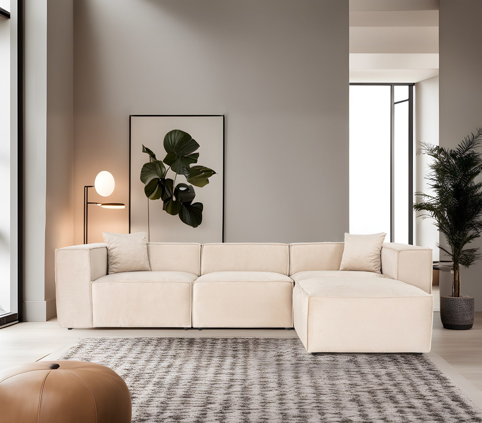 Canapé 3 places avec pouf et 2 coussins Siges Velours Blanc crème