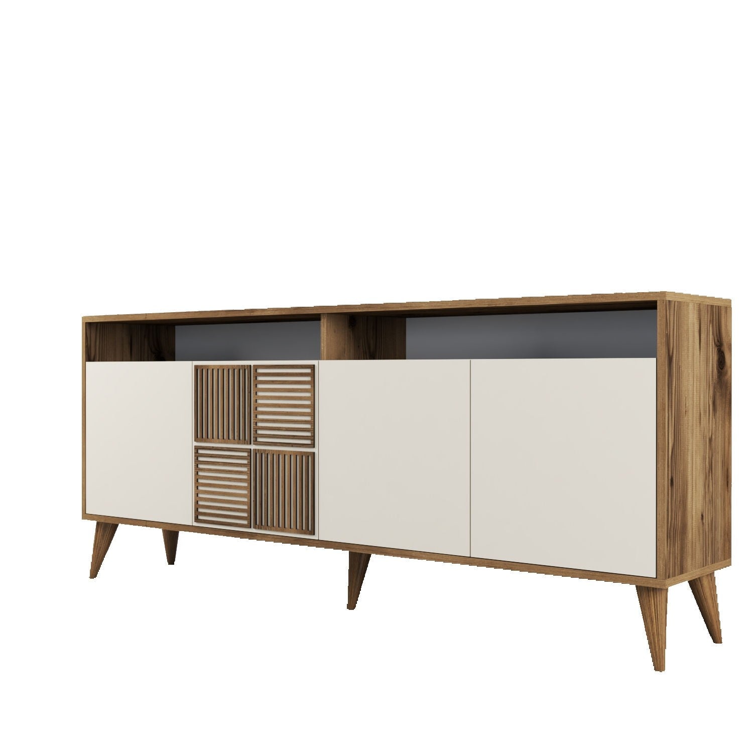 Buffet bas 4 portes et 2 tiroirs Kaltes L160cm Bois et Blanc crème