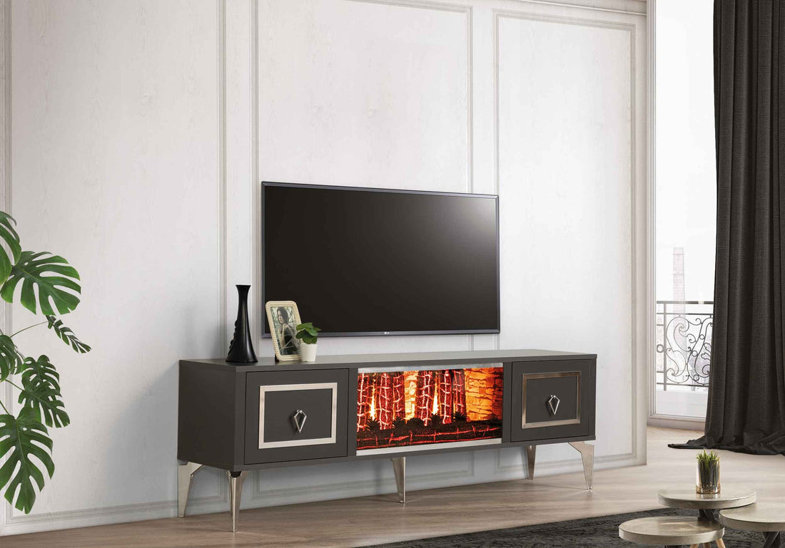 Milano Meuble TV Avec Cheminée Anthracite Chromé