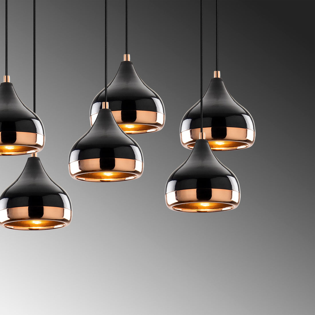 Suspension 7 lampes alignées Lectio 88cm Métal Noir et Or rose