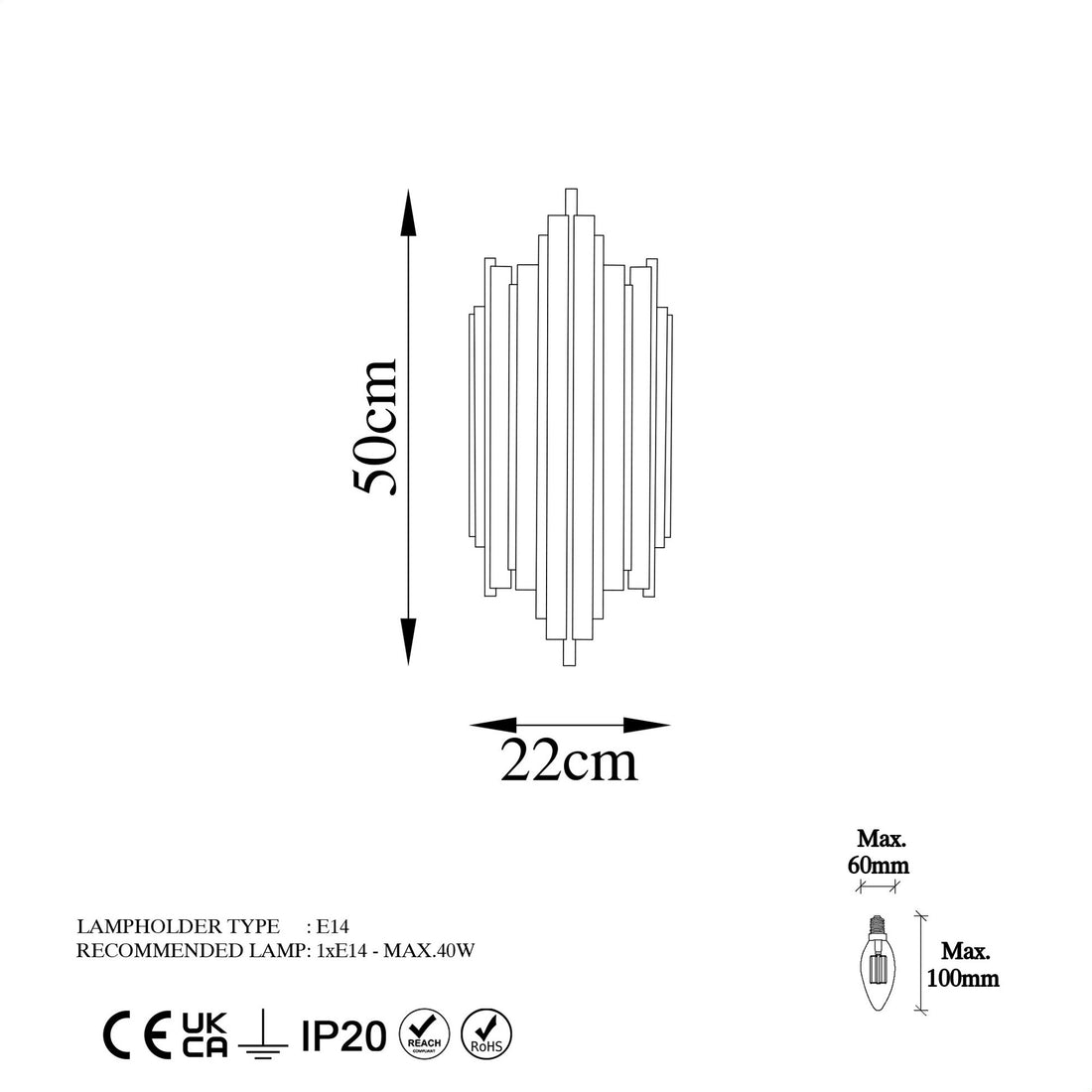 Applique murale Lillari L18xH40cm Métal Or