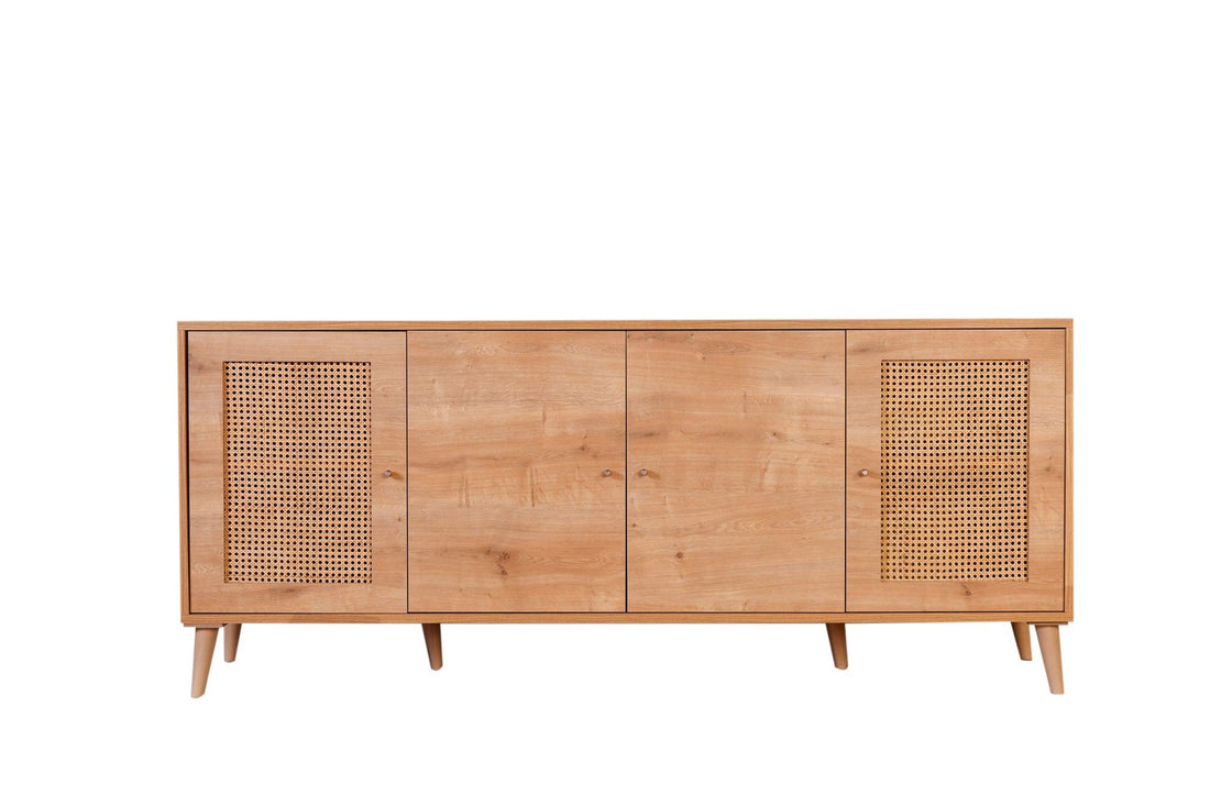 Buffet bas 4 portes avec cannage Lodim L180cm Chêne clair
