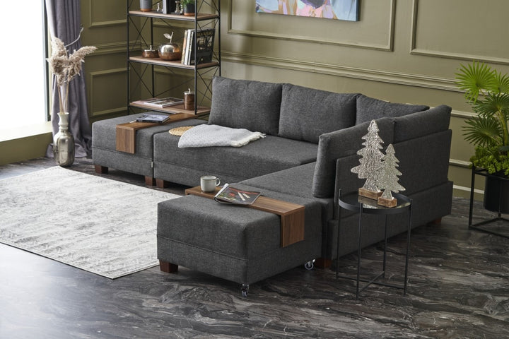 Canapé d'angle droite Tikona 280 cm - Anthracite- 5 places - Tissu