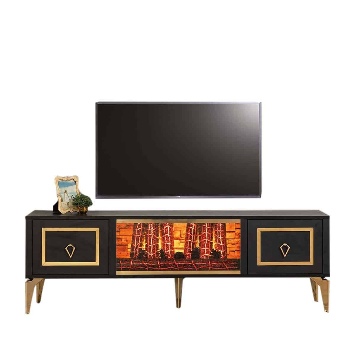 Milano Meuble TV Avec Cheminée Noir Doré