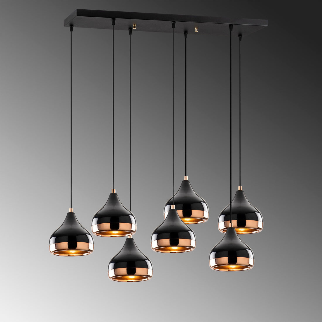 Suspension 7 lampes alignées Lectio 88cm Métal Noir et Or rose