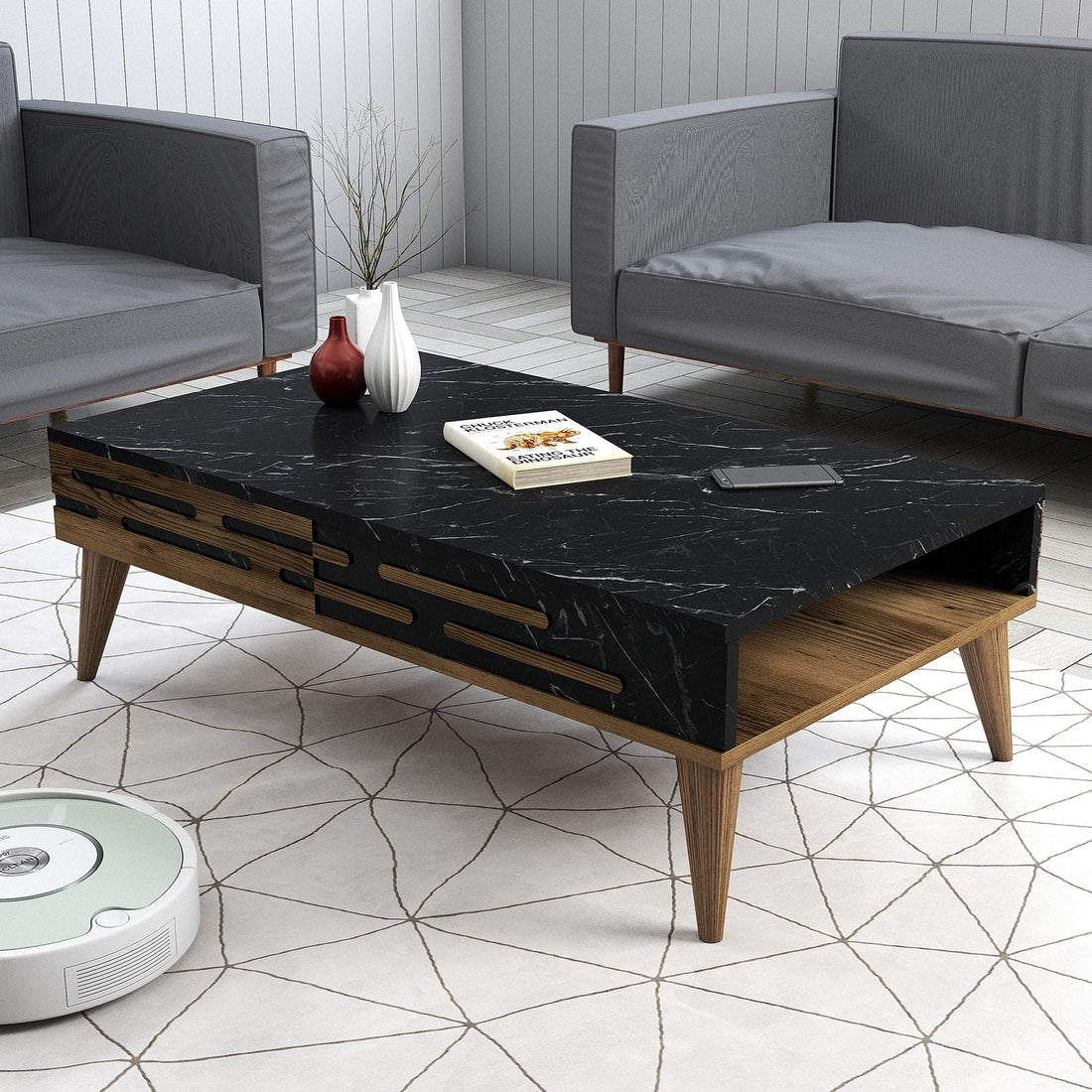 Table basse Valensiya - Walnut, Black, Marble