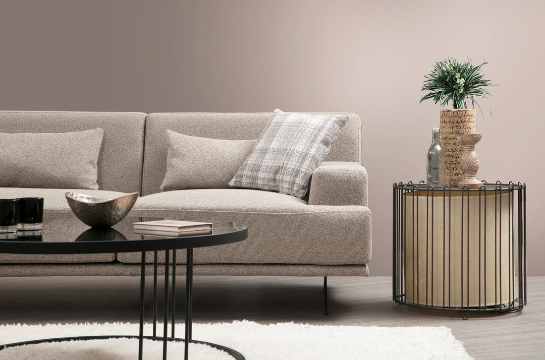 Canapé d'angle à gauche avec pouf et 3 coussins Ravina Tissu Beige