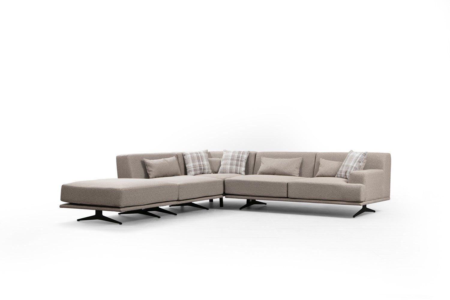 Canapé d'angle à gauche avec pouf et 3 coussins Ravina Tissu Beige