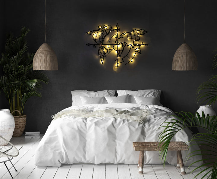 Accessoire mural en métal décoratif World Map Compass Led - Black