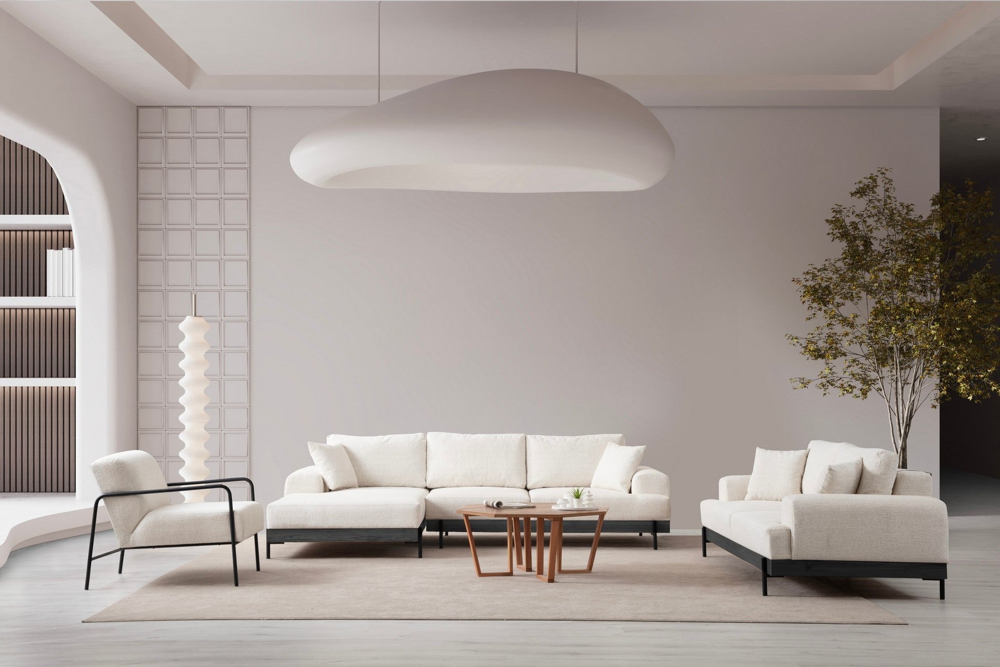 Canapé d'angle à droite kamily Bois Noir et Tissu bouclette Blanc