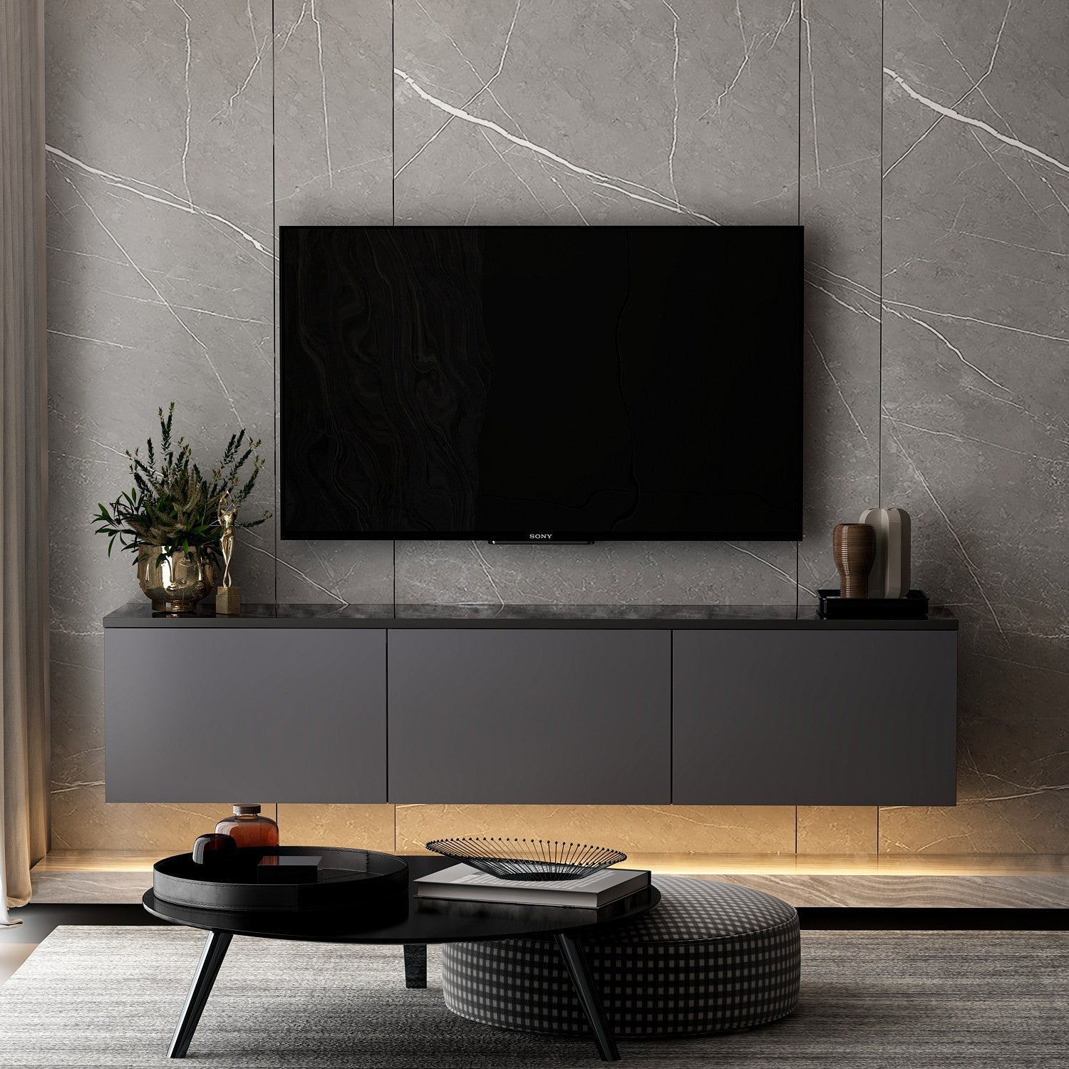 Meuble TV suspendu Ruxta L160cm Anthracite et Noir effet marbre