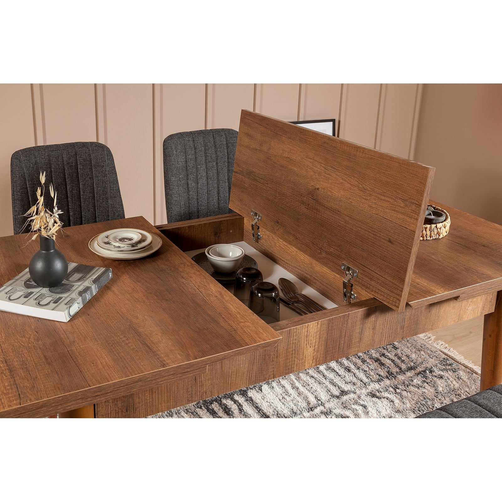 Table à manger et jeu de chaises extensible (5 pièces) Vina Walnut Anthracite