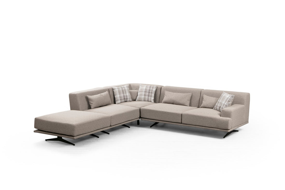 Canapé d'angle à gauche avec pouf et 3 coussins Ravina Tissu Beige
