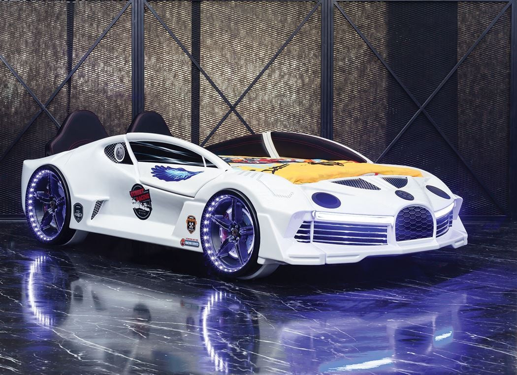 LIT VOITURE DE SPORT AVEC PORTES ET TÊTE DE LIT 90X190CM - Moon AERO