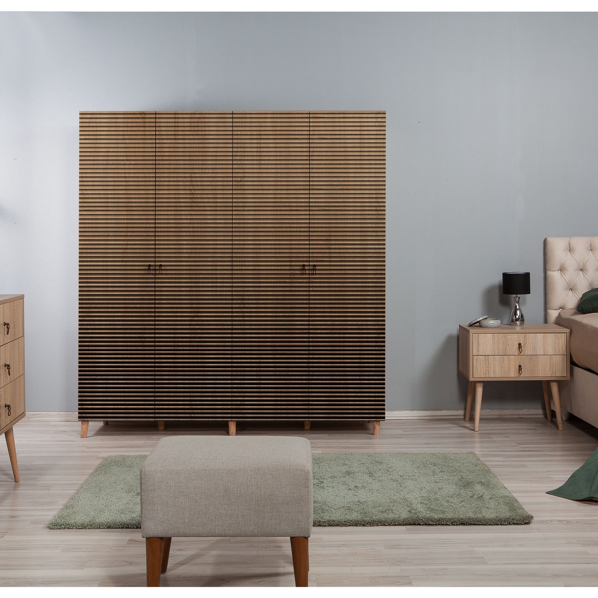 Armoire penderie 4 portes Infigo 180 Bois Naturel Motif Rayures dégradé Noir et Jaune