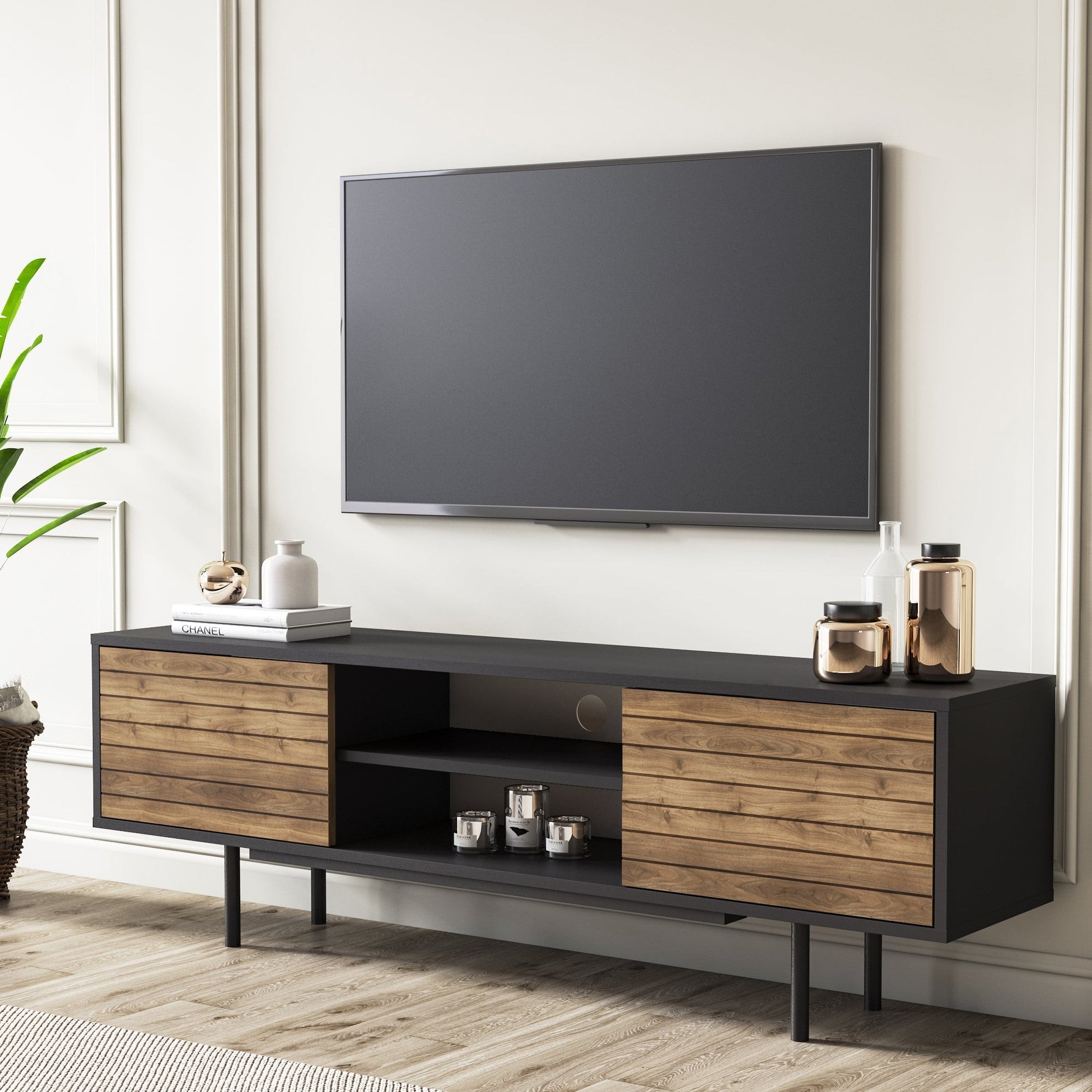 Meuble TV moderne 160cm 2 portes Colosseo Bois foncé et Noir
