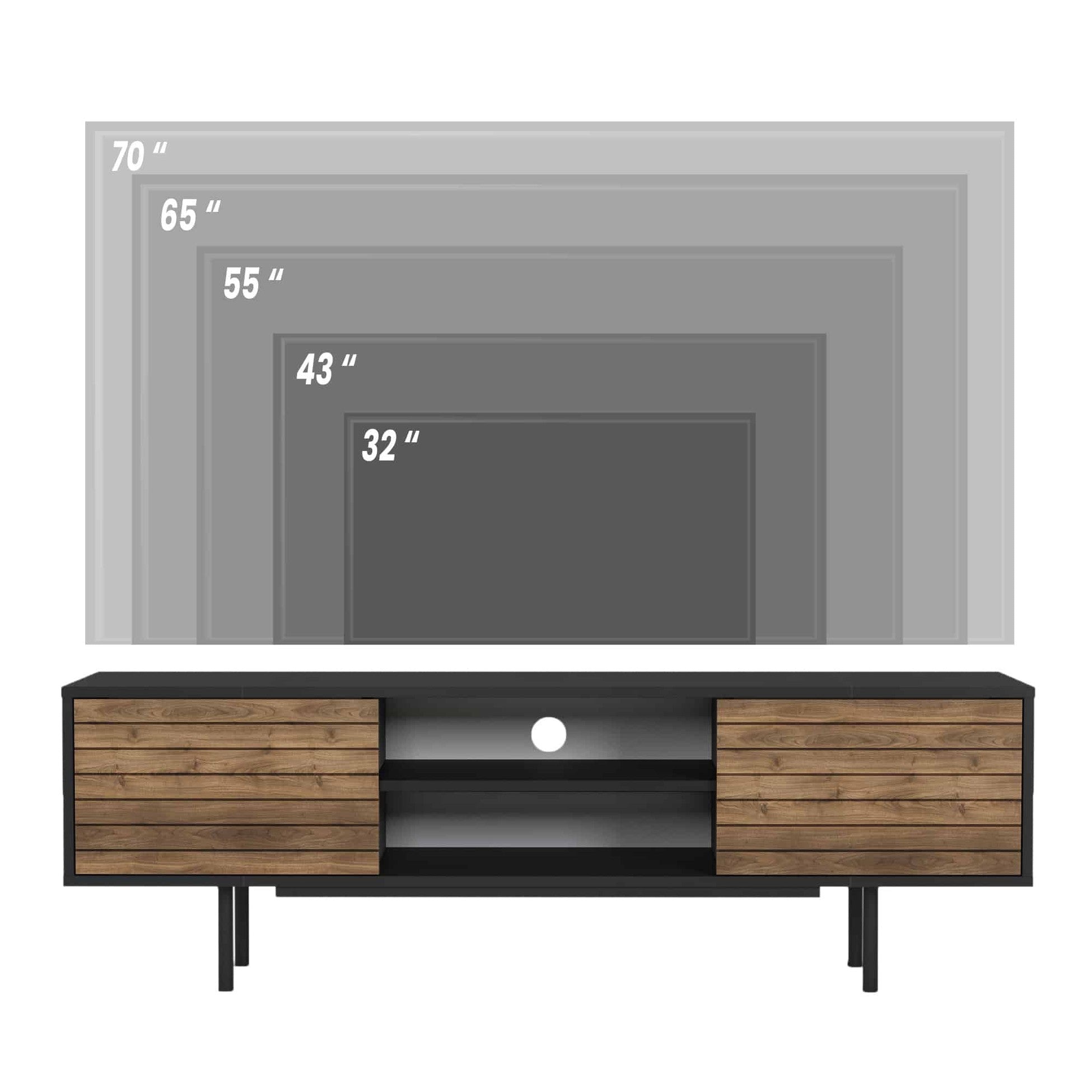 Meuble TV moderne 160cm 2 portes Colosseo Bois foncé et Noir