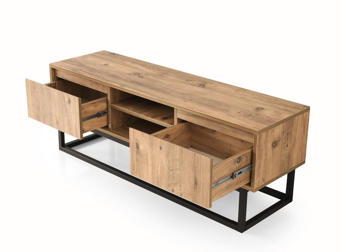 Meuble TV style industriel Belinda L140cm Bois foncé et Métal Noir