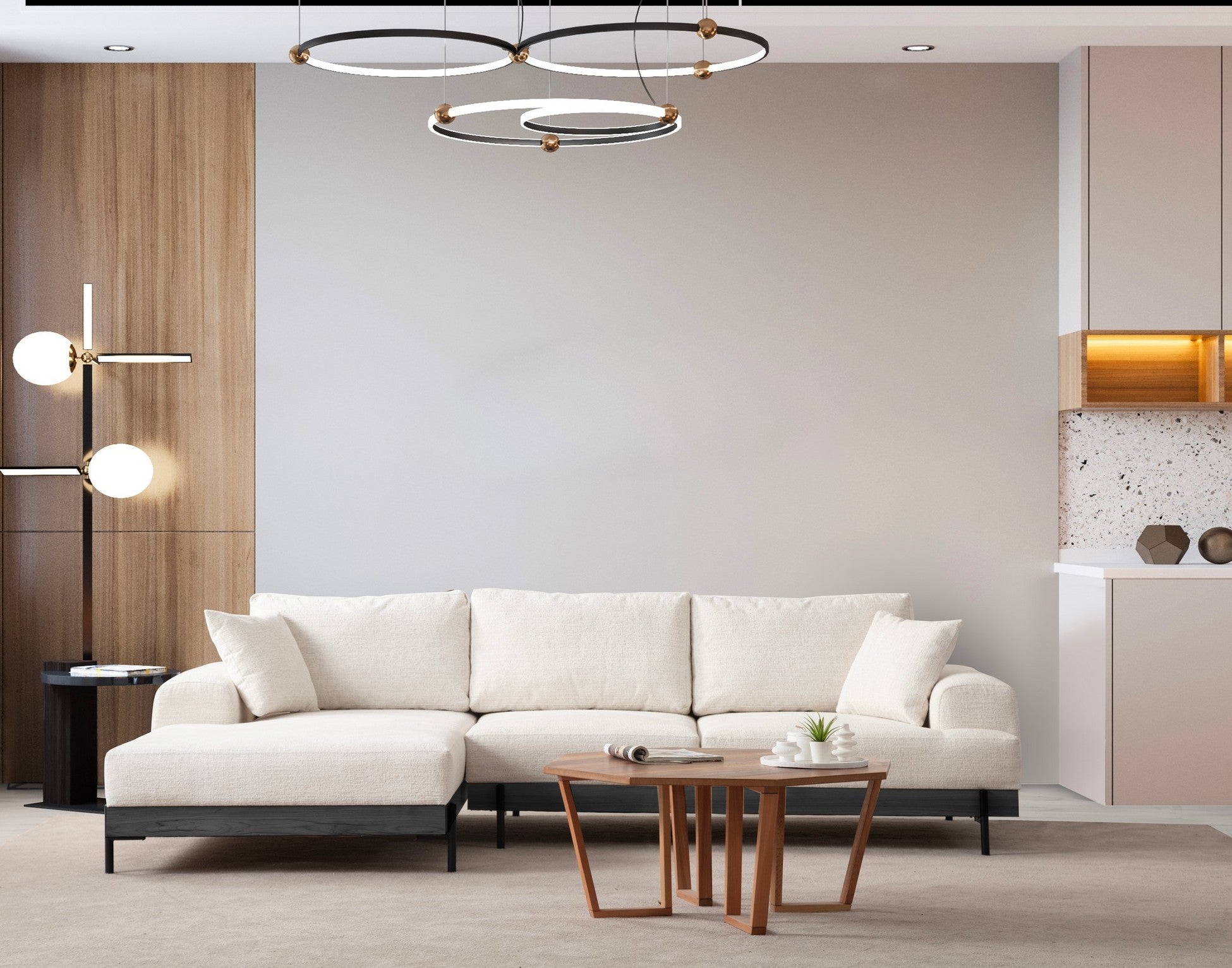 Canapé d'angle à droite kamily Bois Noir et Tissu bouclette Blanc