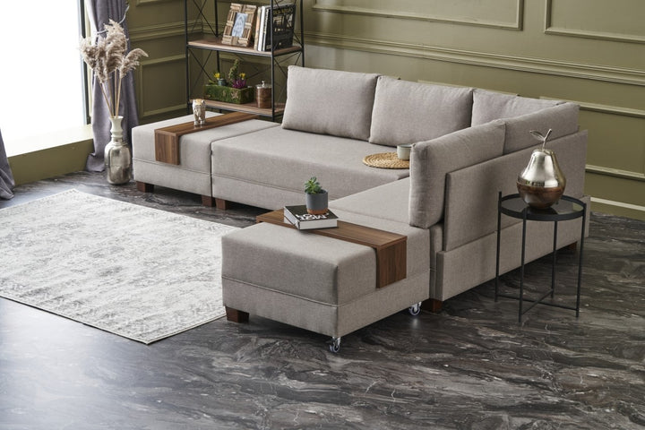 Canapé d'angle droite Tikona 280 cm - Crème- 5 places - Tissu