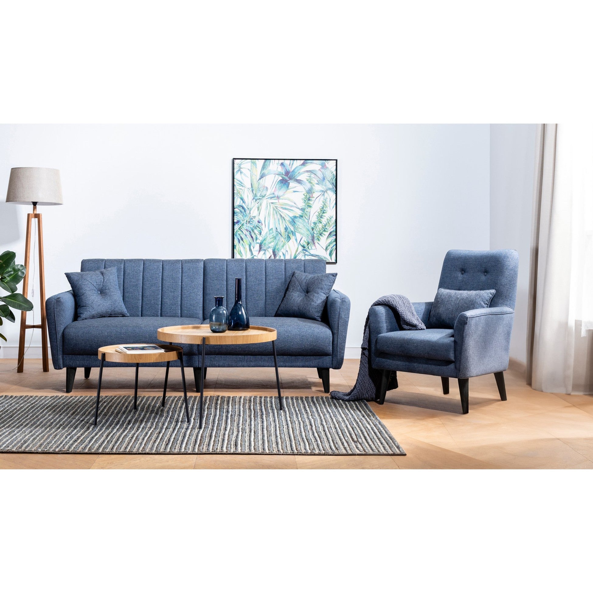 Ensemble canapé convertible 2 places et fauteuil Ikaria Tissu Bleu v2