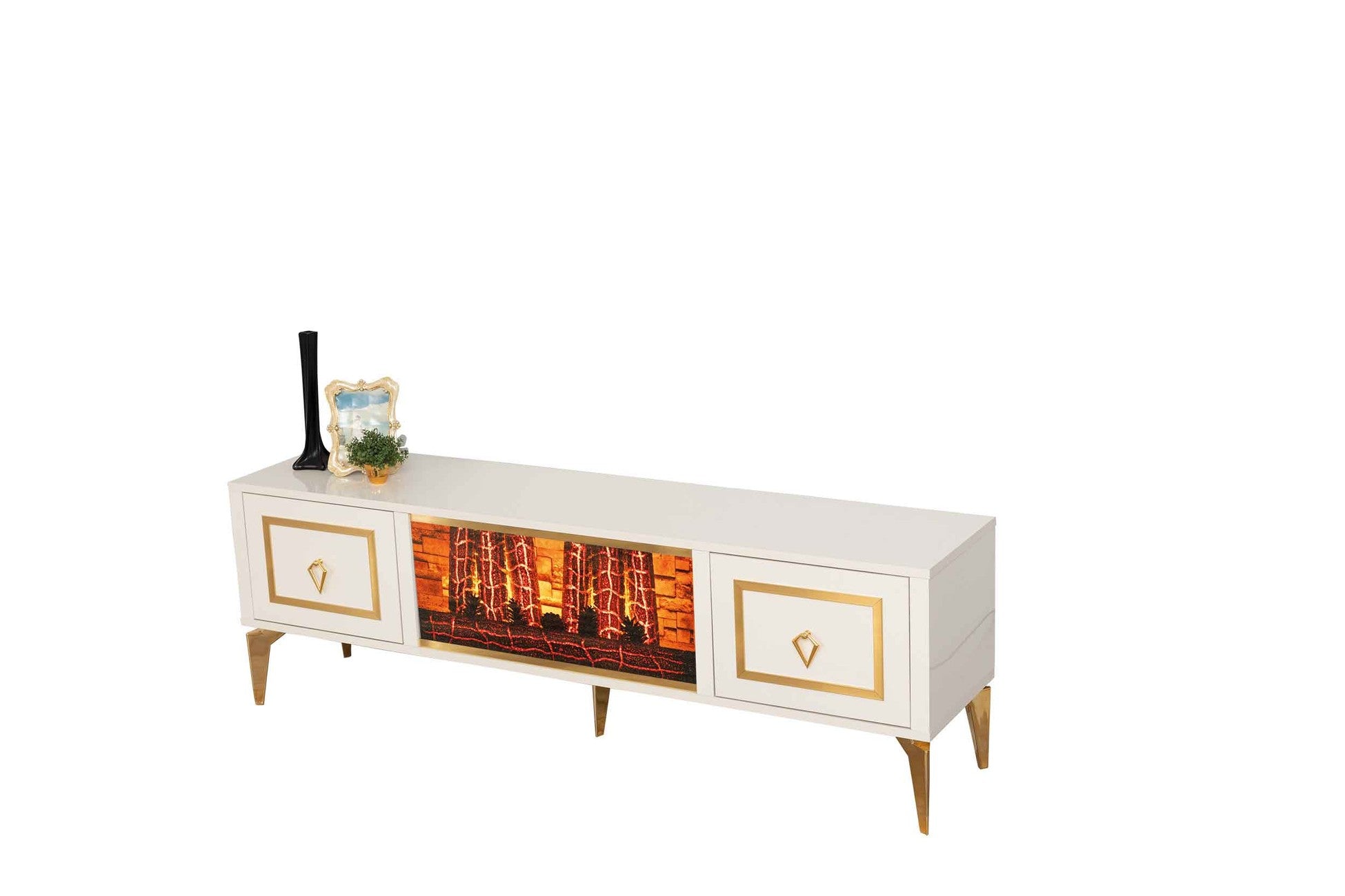 Milano Meuble TV Avec Cheminée Écru Dorée