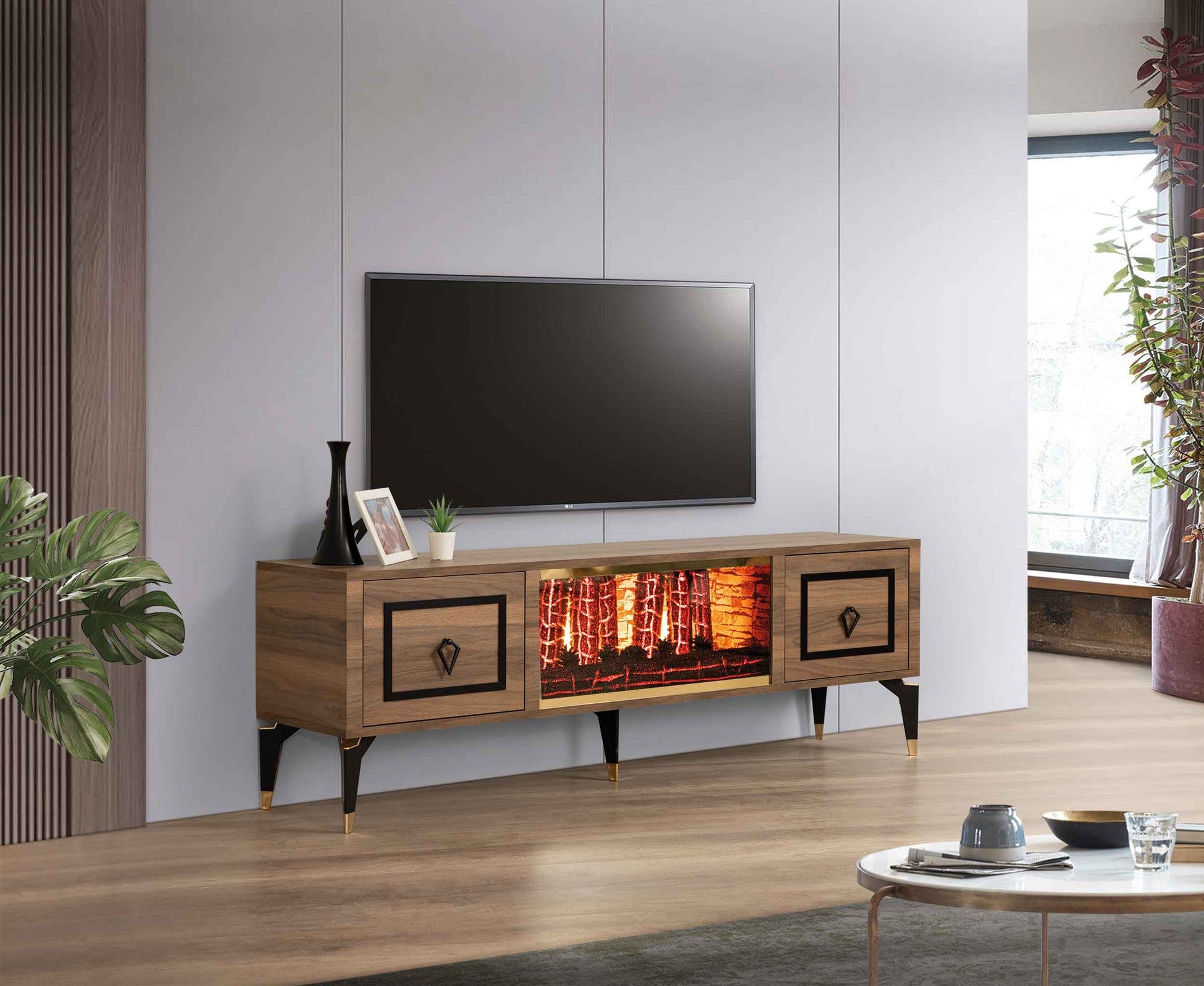 Milano Meuble TV Avec Cheminée Noyer Noir