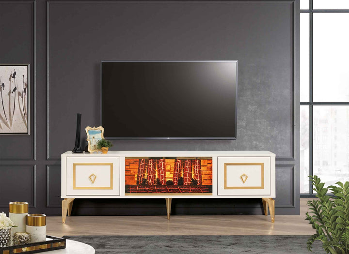 Milano Meuble TV Avec Cheminée Écru Dorée