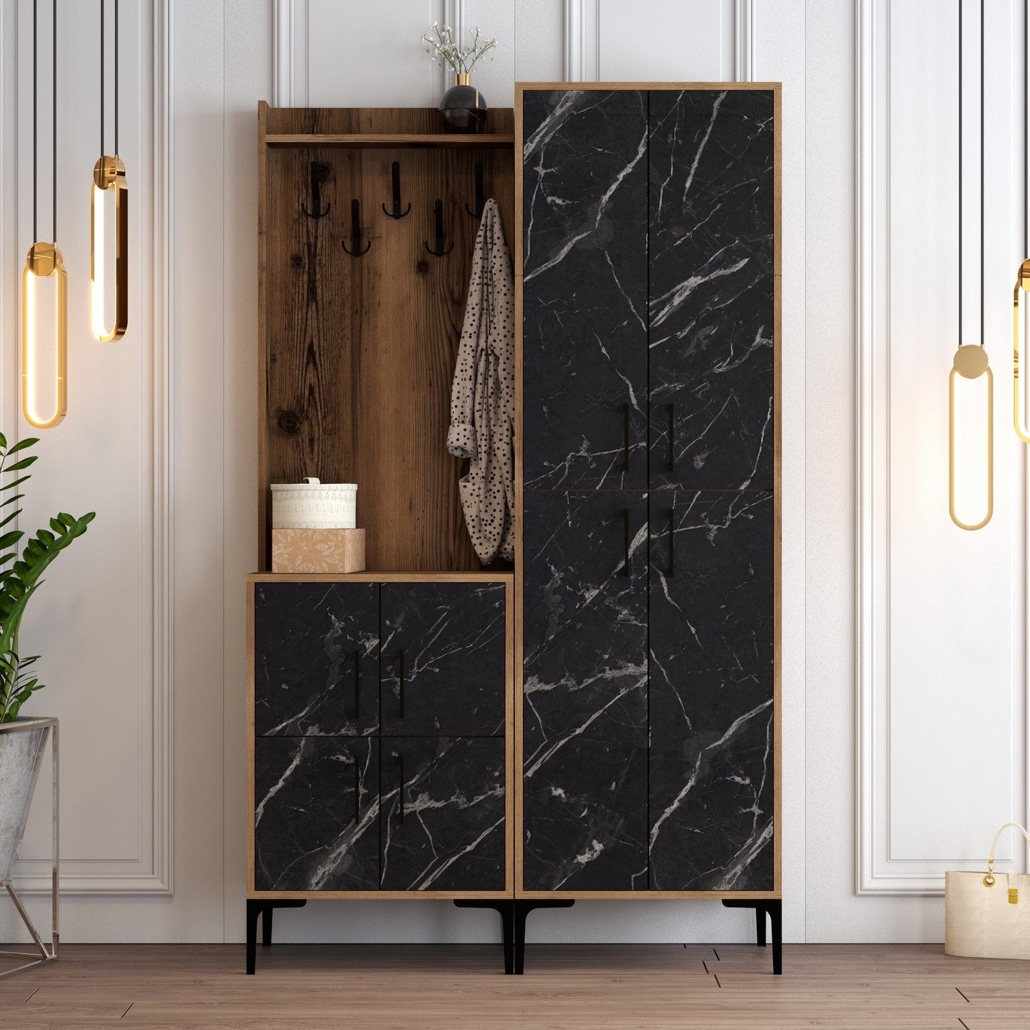 Stand Berlin BA - Walnut, Black Marble