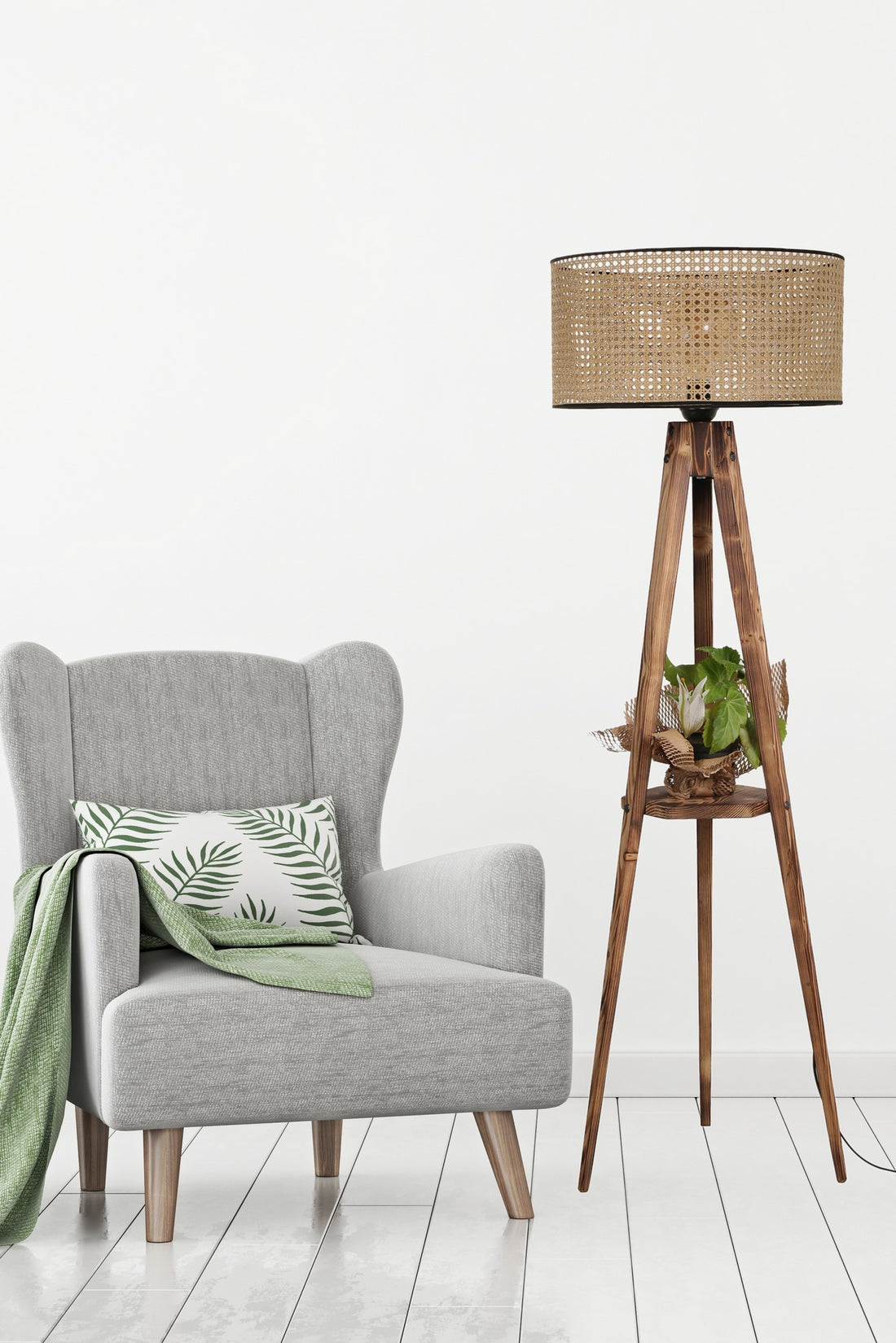 Lampadaire Sehbalı tripod lambader yanık silindir rattan abajurlu