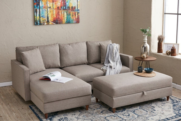 Canapé d'angle à gauche convertible avec pouf-coffre Evania Tissu Taupe