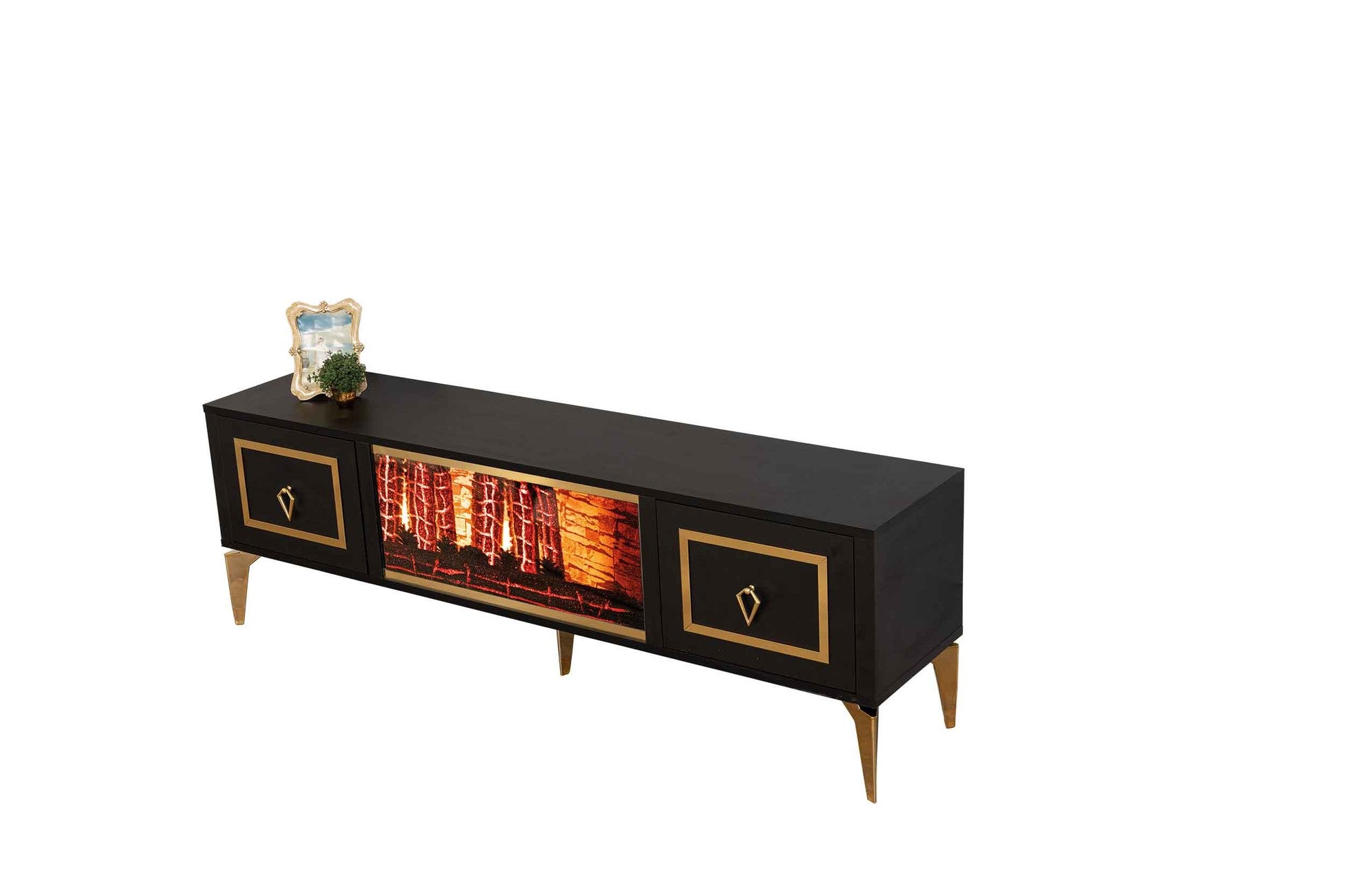 Milano Meuble TV Avec Cheminée Noir Doré