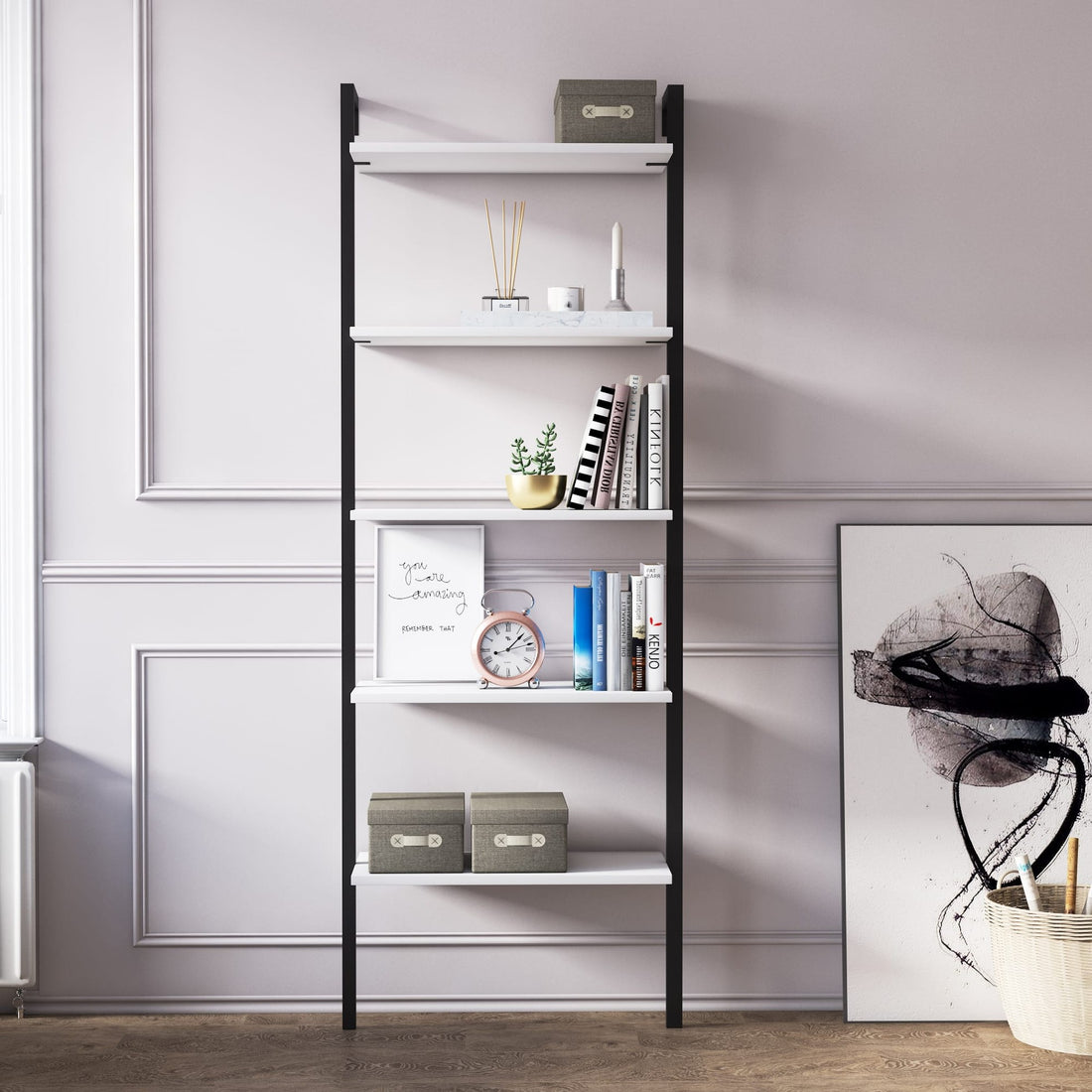 Magliana 5 Tier Shelf Bibliothèque noir et blanc Étagère