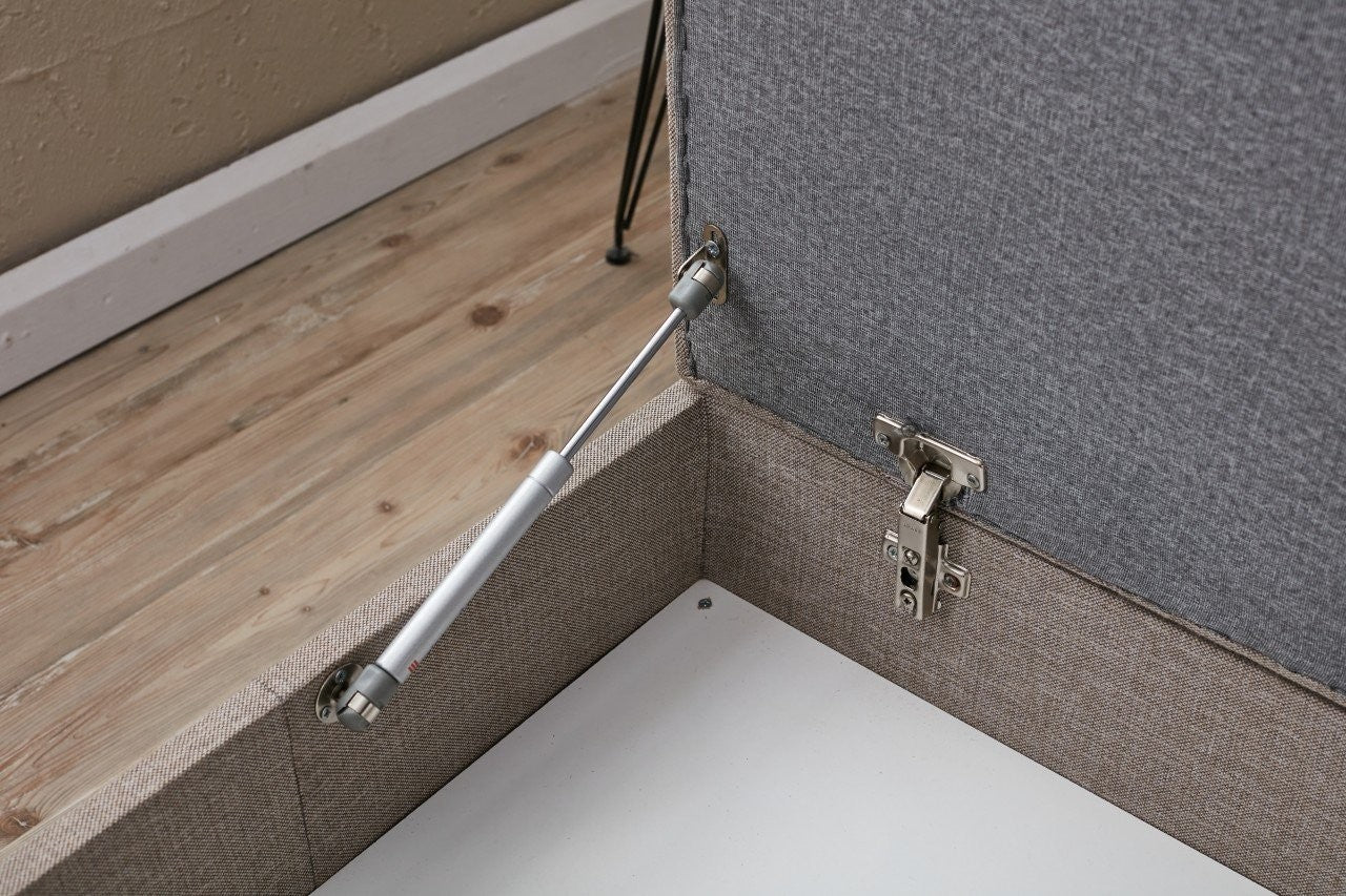 Canapé d'angle à gauche convertible avec pouf-coffre Evania Tissu Taupe