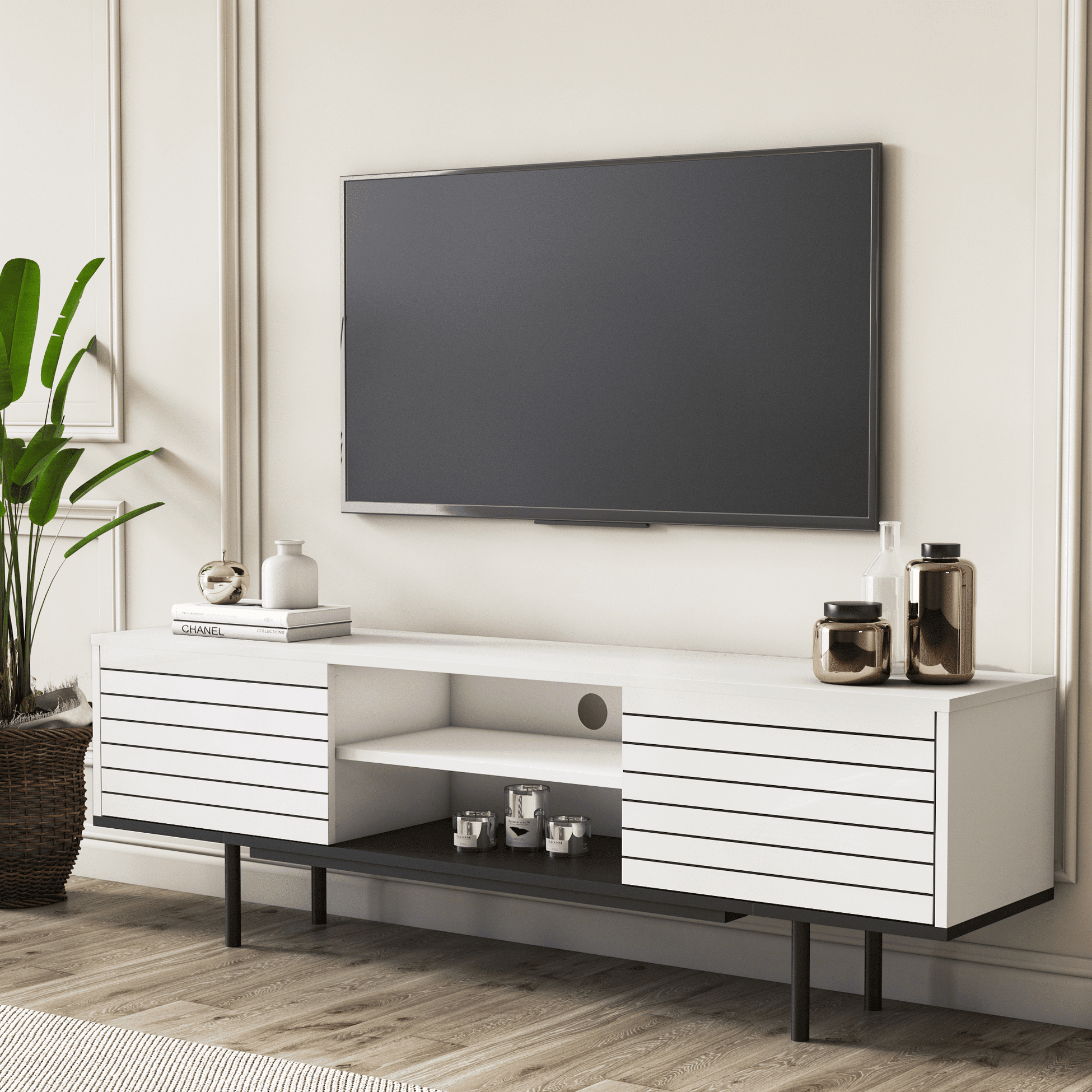 Meuble TV moderne 160cm 2 portes Colosseo Bois Blanc
