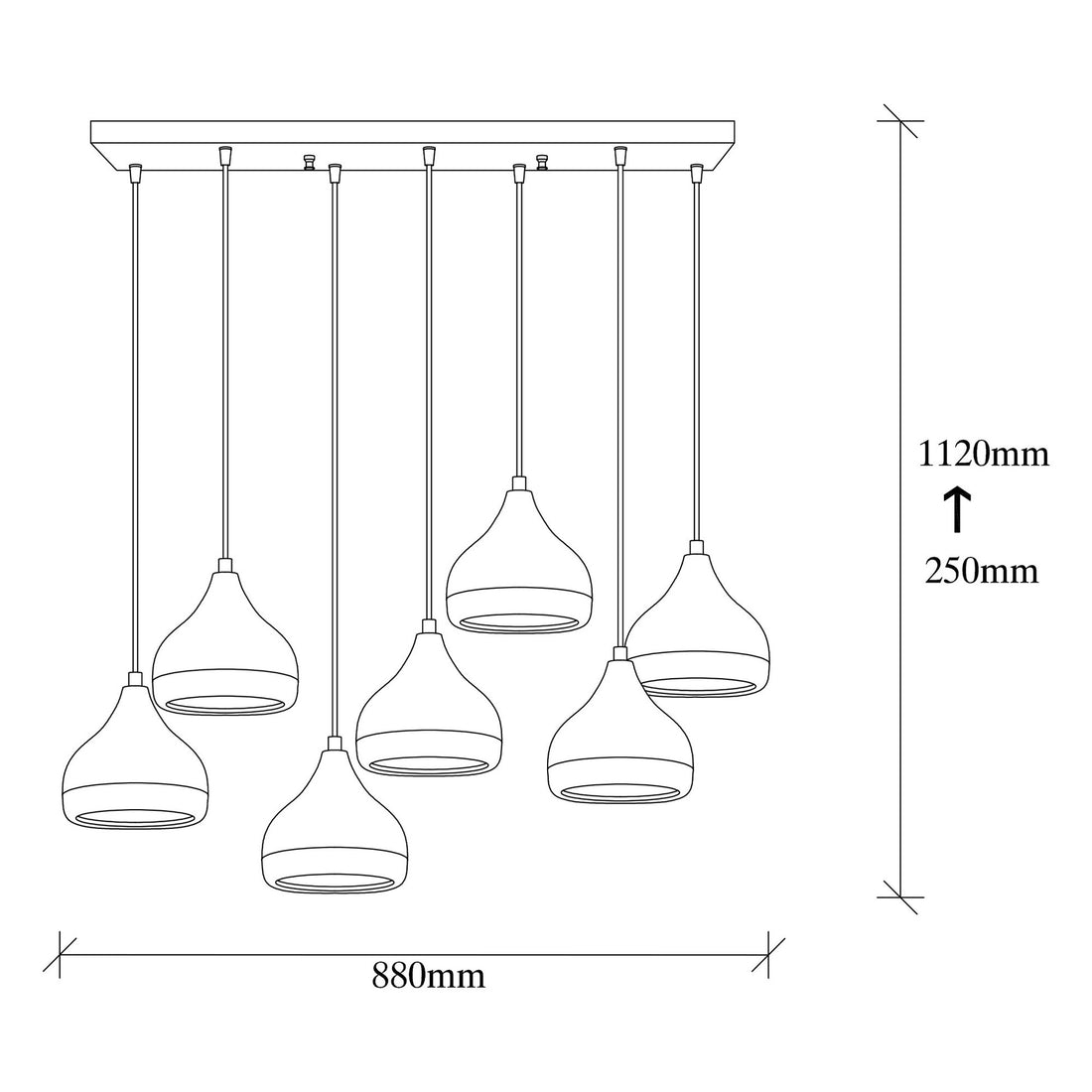 Suspension 7 lampes alignées Lectio 88cm Métal Noir et Or rose