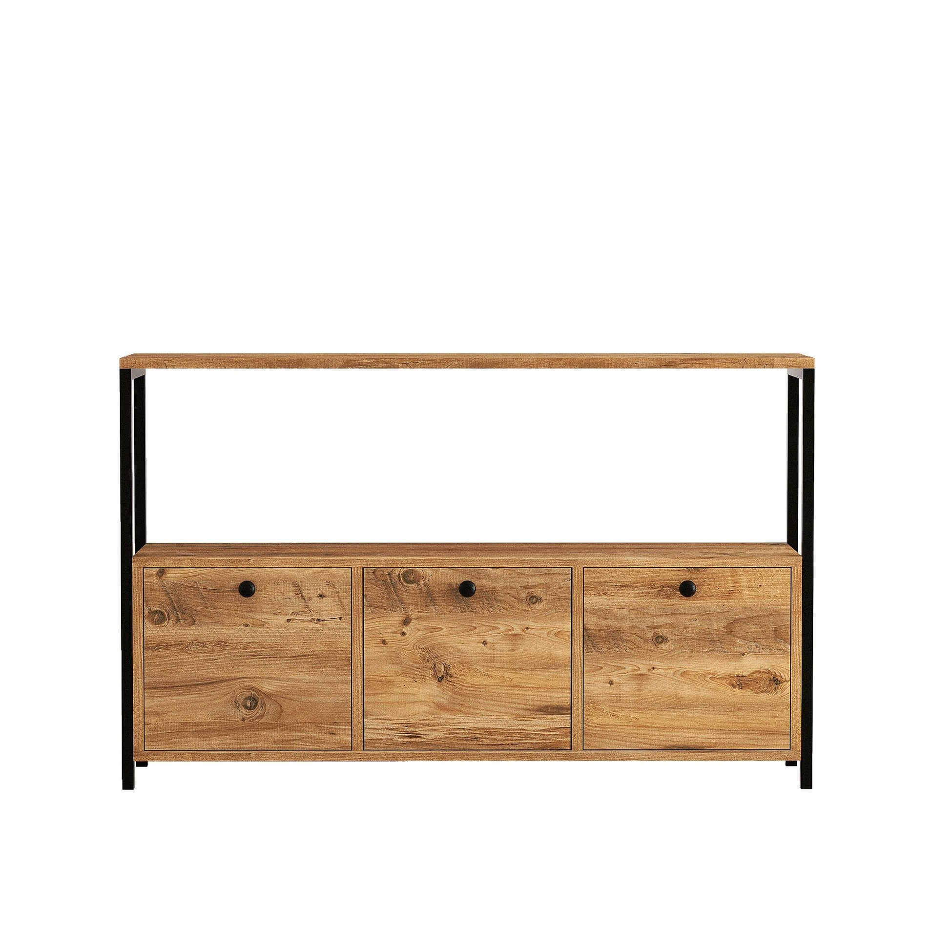 Buffet haut style industriel Halzo L120xH100cm Bois clair et Métal Noir