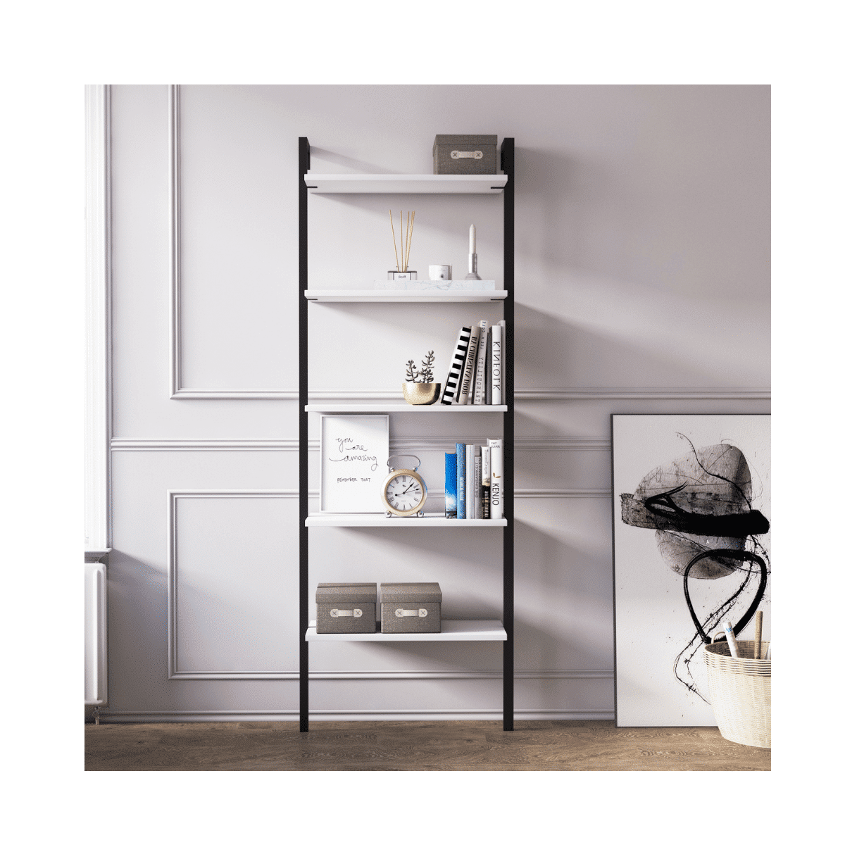 Magliana 5 Tier Shelf Bibliothèque noir et blanc Étagère