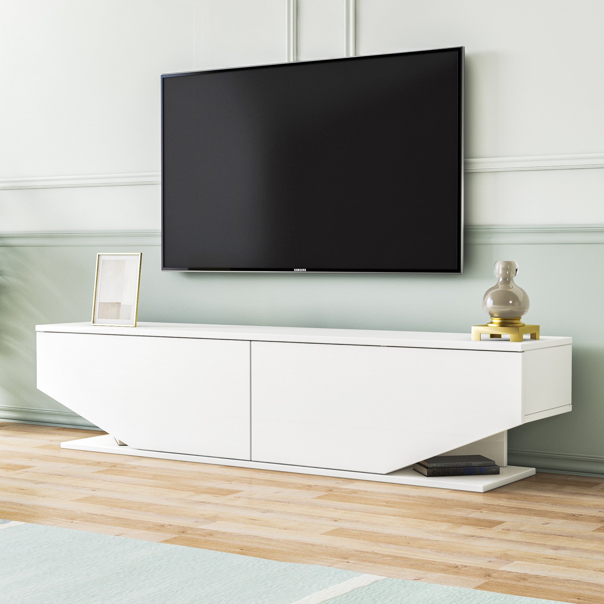 Meuble TV façade trapèze 2 portes Ares 160cm Bois Blanc