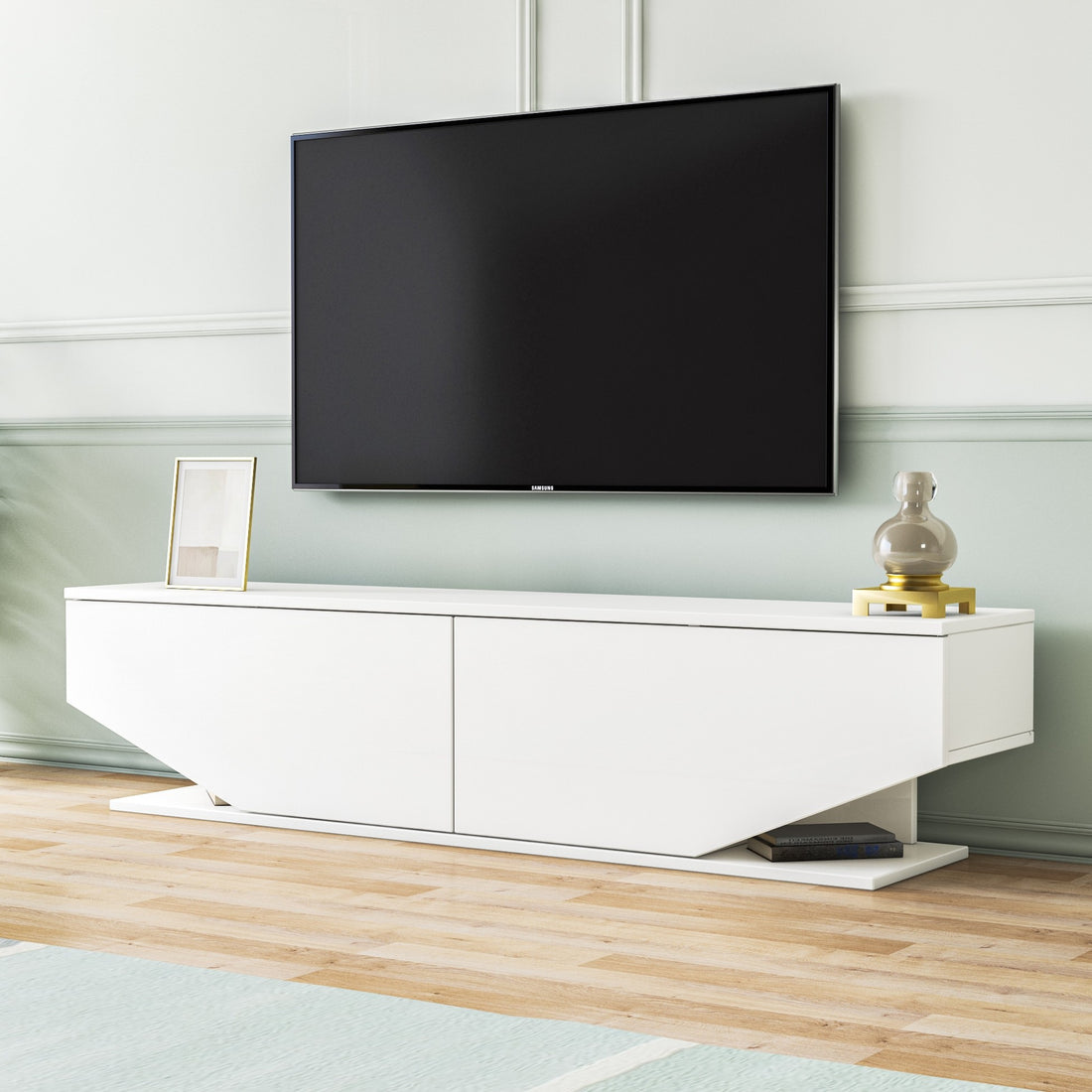 Meuble TV façade trapèze 2 portes Ares 160cm Bois Blanc