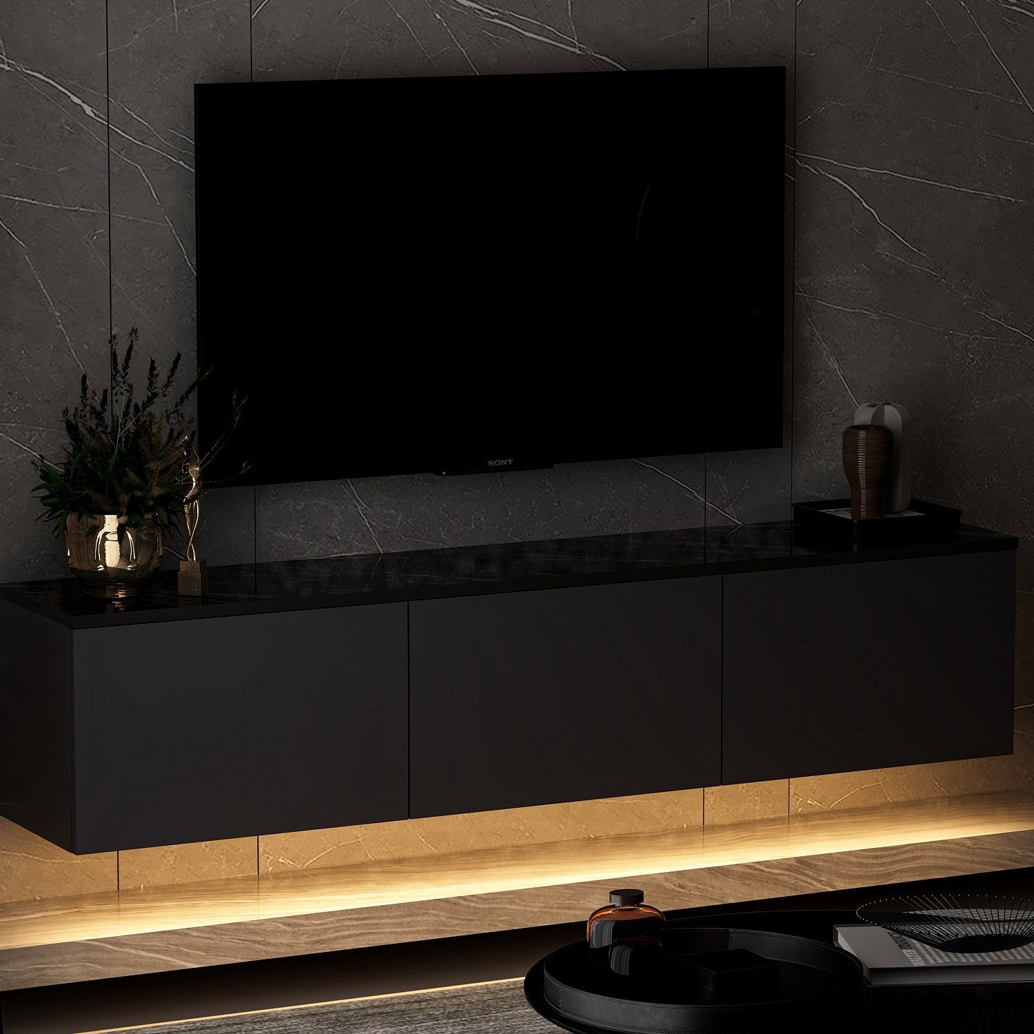 Meuble TV suspendu Ruxta L160cm Anthracite et Noir effet marbre