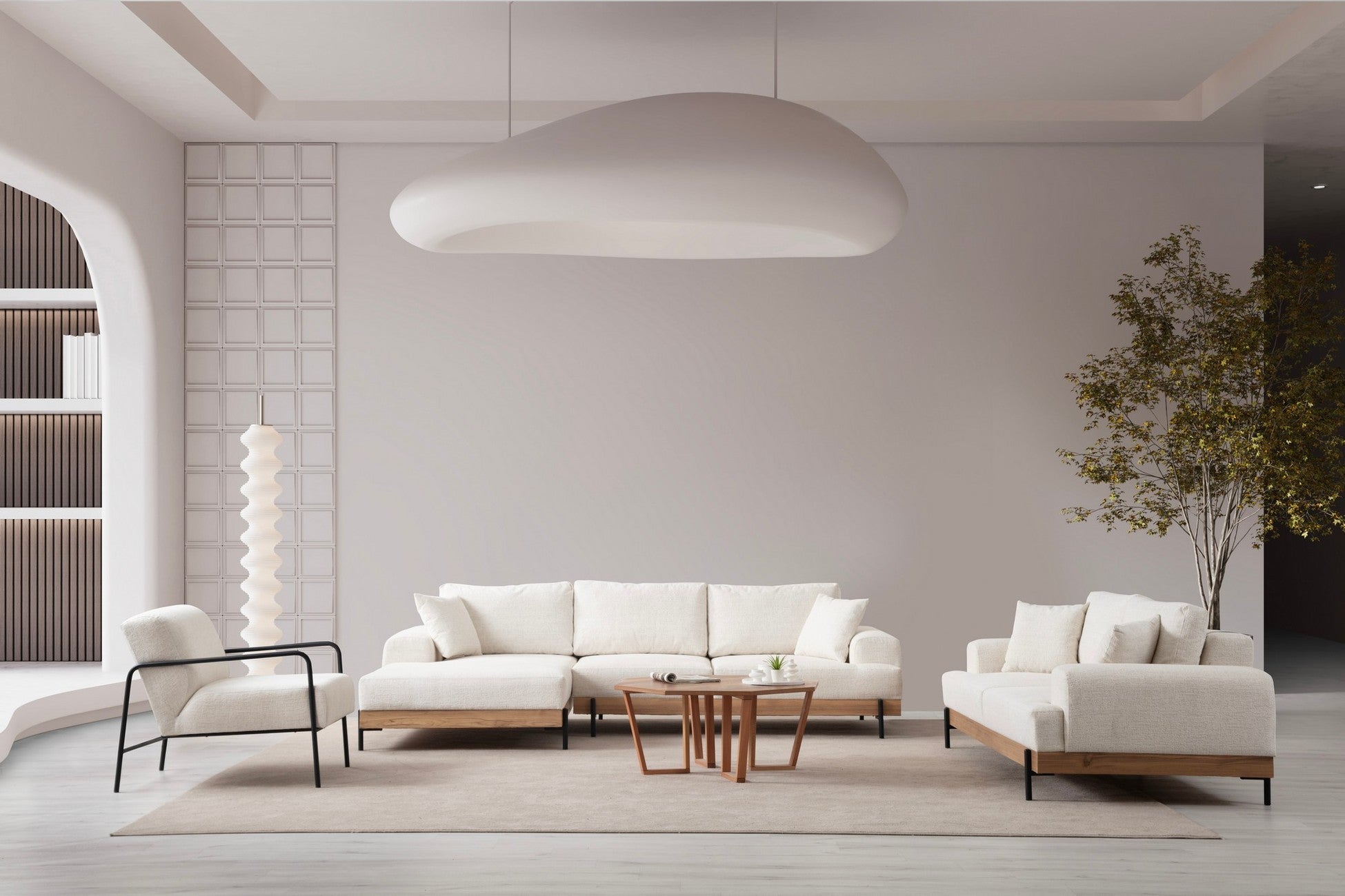 Canapé d'angle à gauche kamily Bois clair et Tissu bouclette Blanc